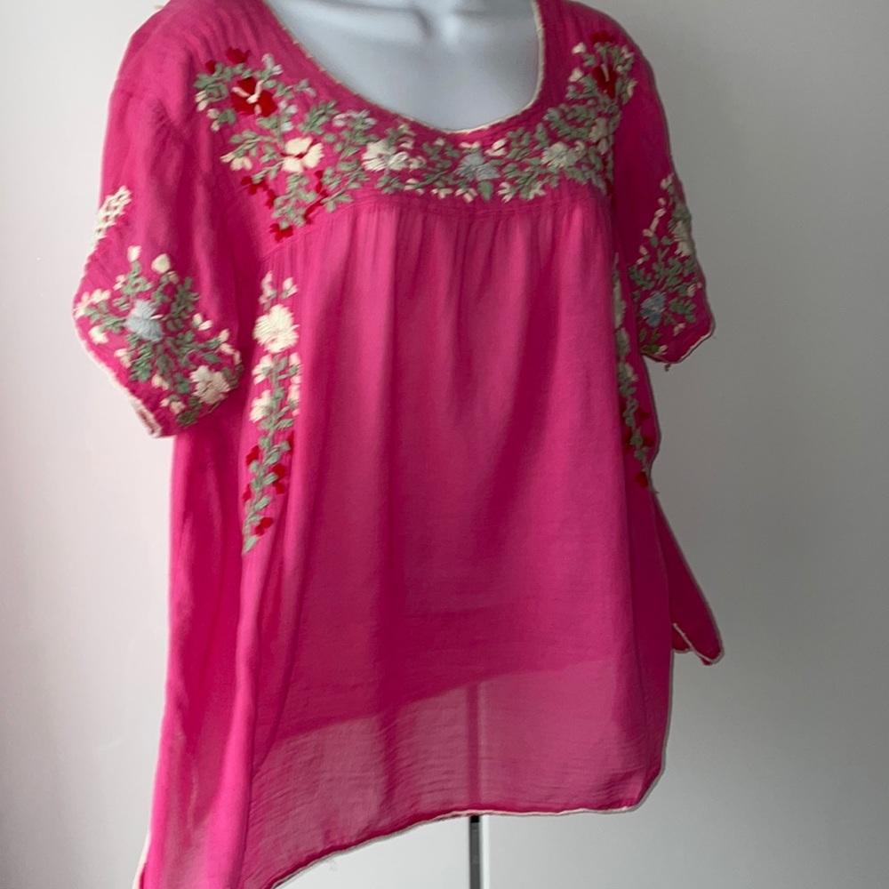 Vintage pink hand embroidered floral breezy thin cotton blouse medium